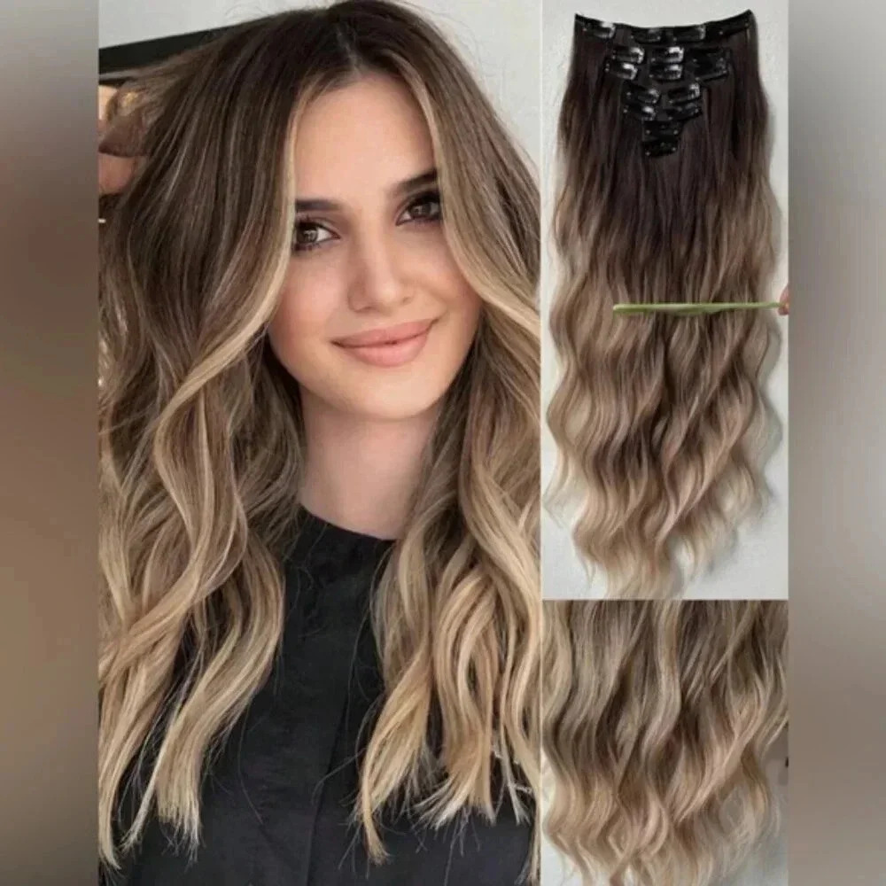 22 Inch Balayage Brown & Blonde Clip in Curly Hair Extensions